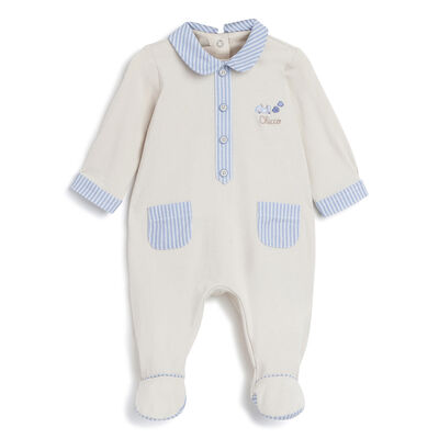 Boys Medium Natural Checked Nappy Opening Babysuit